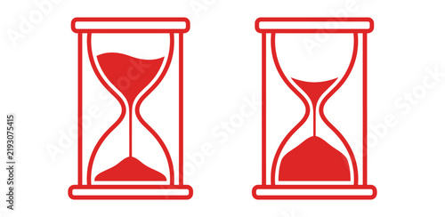 Two red hourglass with sand flowing, representing time management and deadlines on a plain white background, for business planning tasks