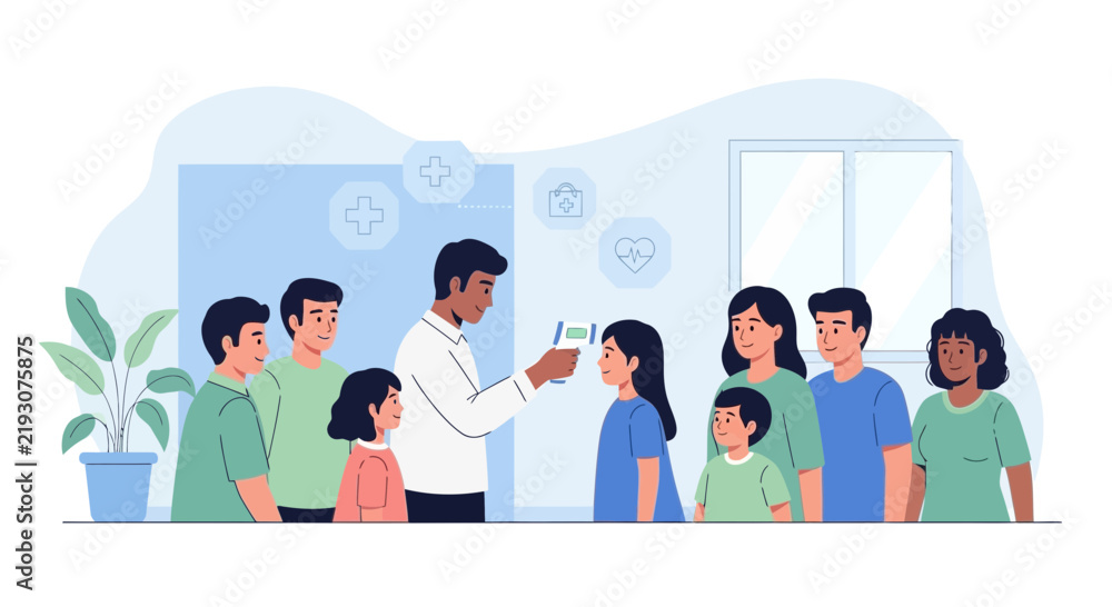 Fototapeta premium Doctor checks temperature of child in clinic with family nearby