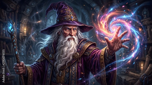 Powerful wizard casting a vibrant spell with glowing energy in a magical realm