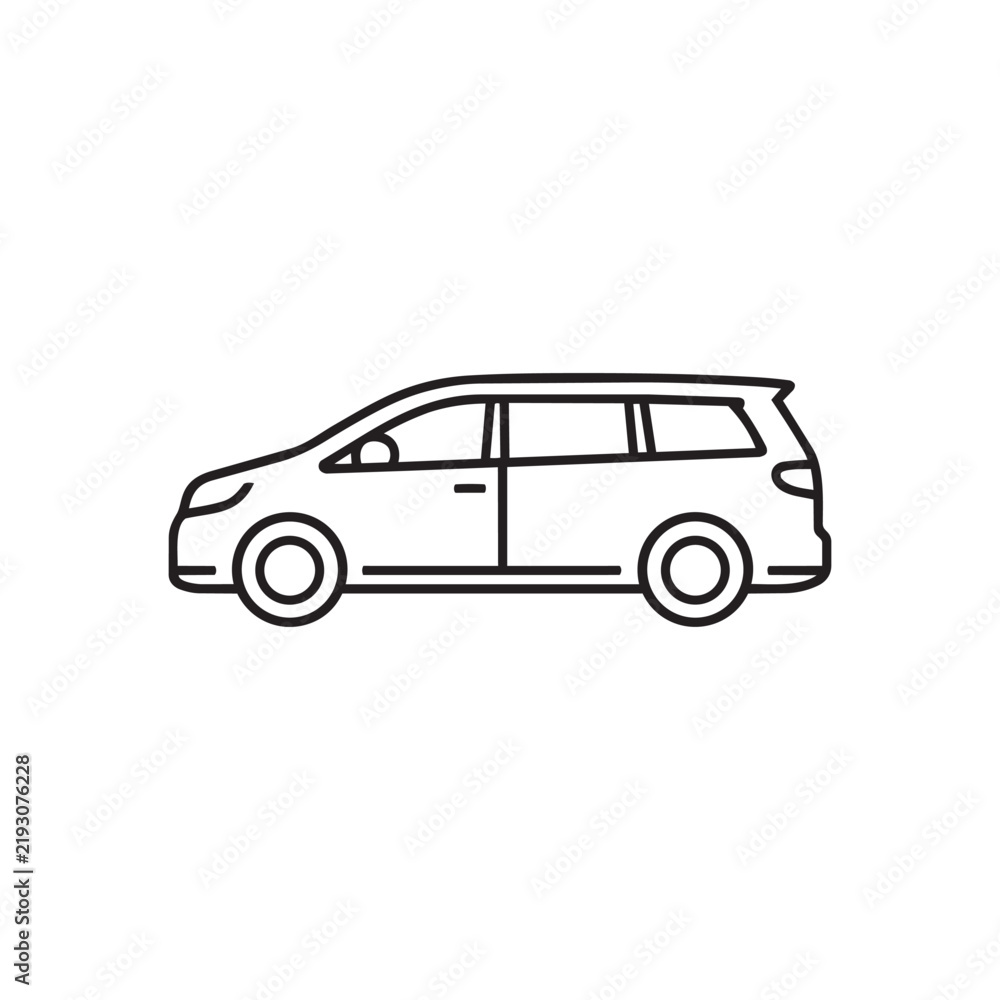 Fototapeta premium Family minivan with long roof sliding side door large windows and compact wheels in a clean black and white side view icon