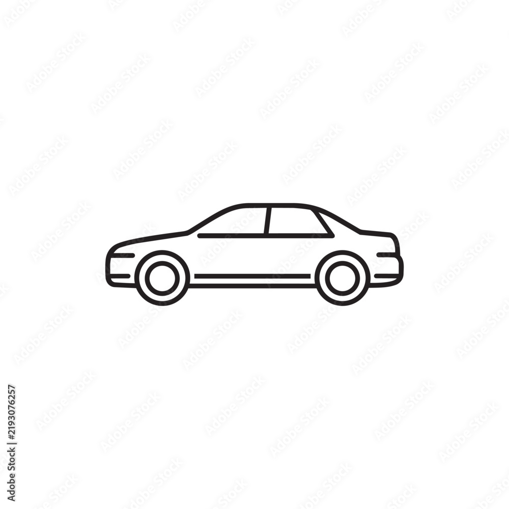 Fototapeta premium Compact four door sedan with straight roofline defined trunk and simple wheels in a minimal black and white side view outline
