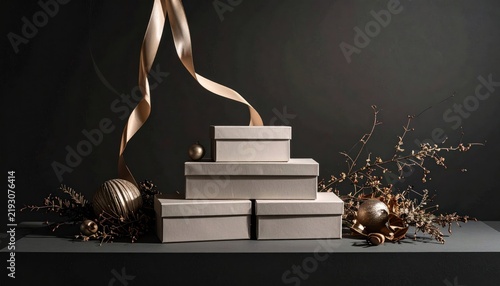 Tiered gift box arrangement with gold ribbon accents.
