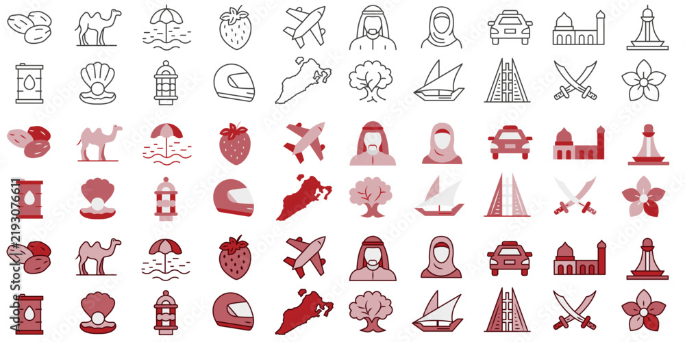 Obraz premium A set of icons dedicated to Bahrain. A collection of icons in various styles.