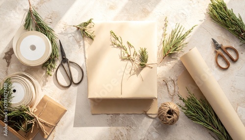 Flat lay of eco-friendly gift wrapping materials.