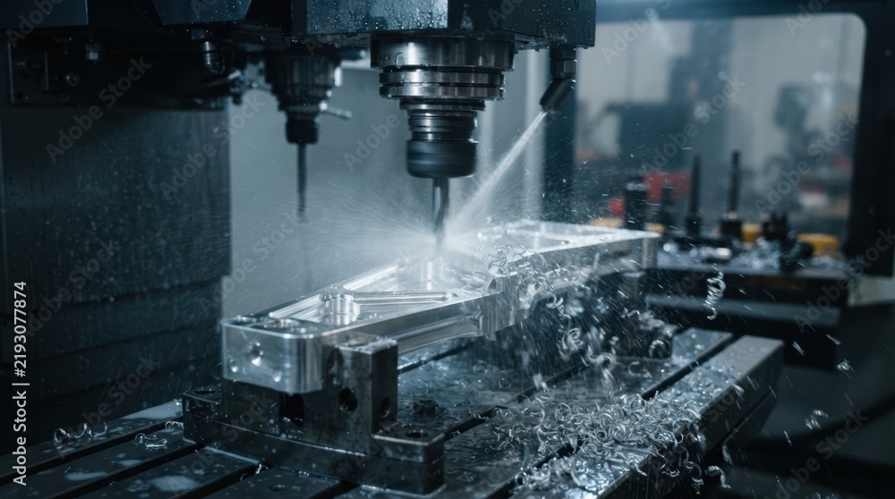 Obraz premium Five-axis CNC machine milling a polished aluminum aircraft bracket with coolant mist and metal shavings in a factory.