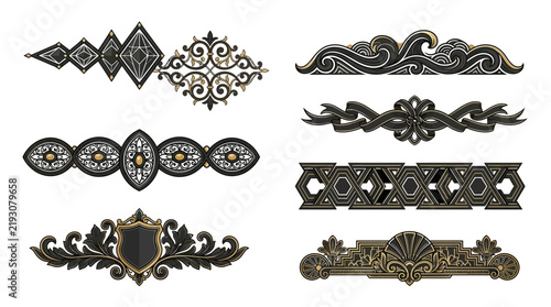 Art Deco Ornate Dividers and Ornaments, Isolated on Transparent Background