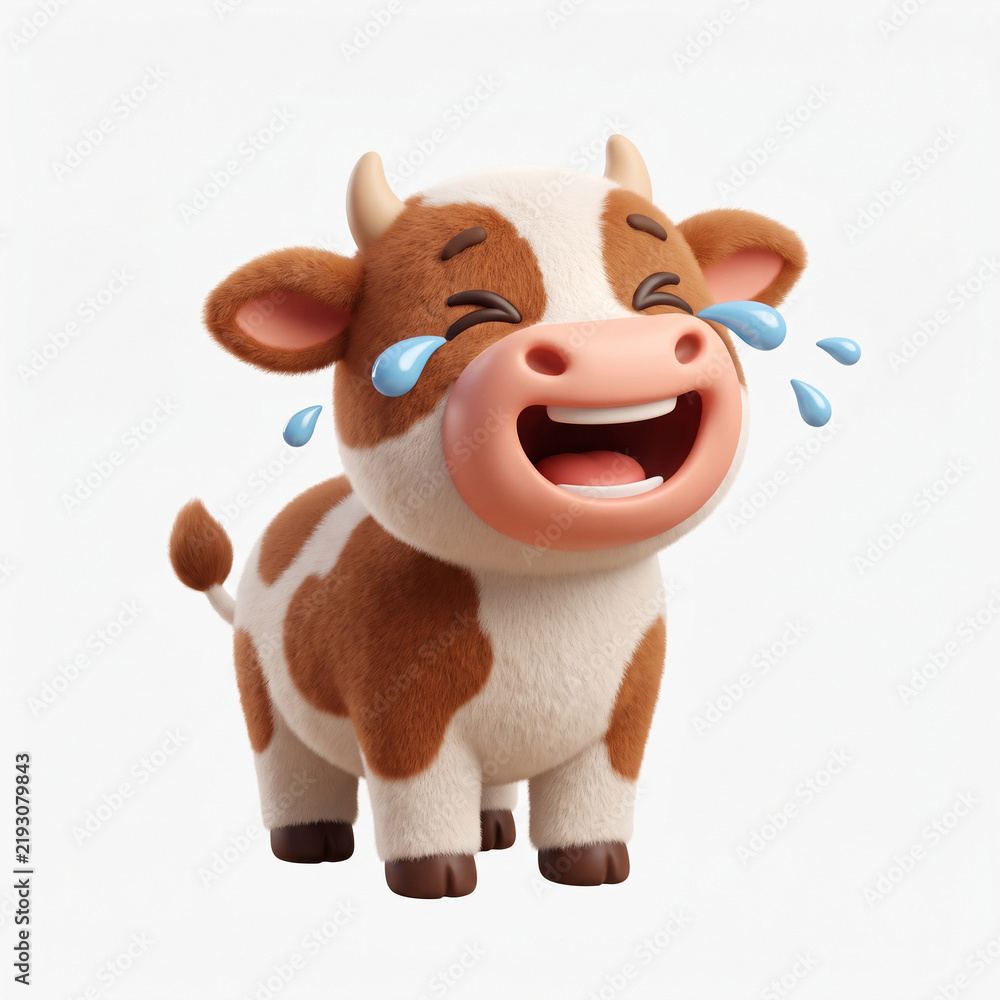 Obraz premium Cute 3D cartoon cow laughing so hard it is crying tears of joy, funny brown and spotted farm animal character with cheerful expression and fluffy fur texture for children projects
