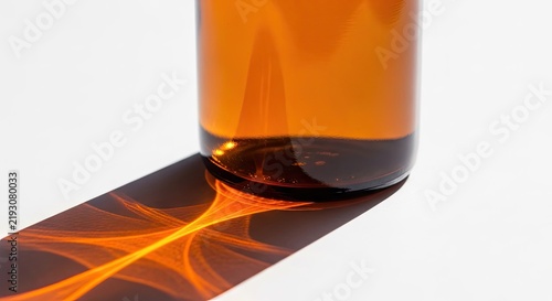 Amber glass bottle casting caustic light patterns on white.