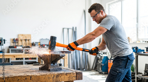 Man swinging sledgehammer striking steel on anvil in workshop  