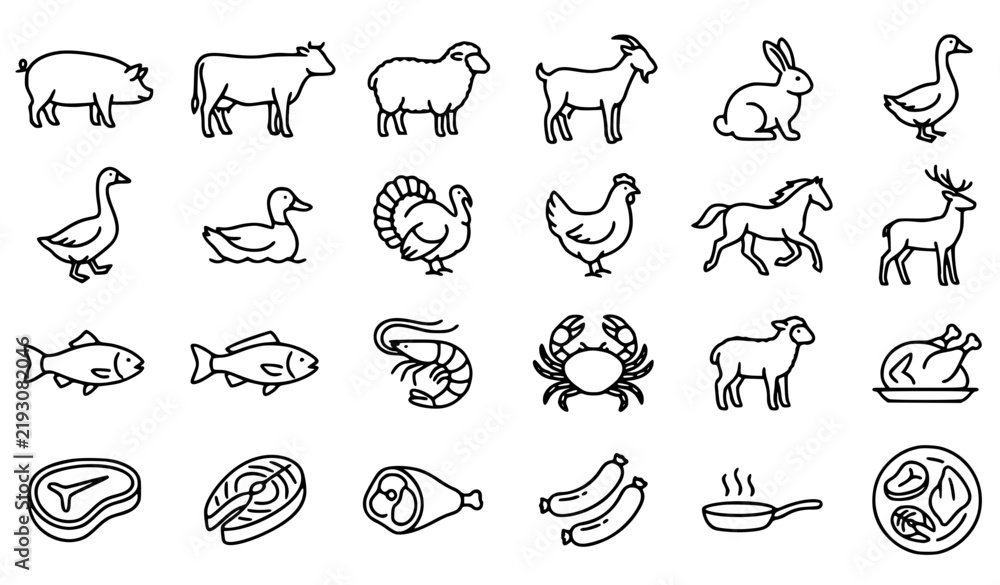 Obraz premium Animal Meat Poultry Seafood and Protein Food Line Icon Set