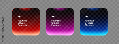 Glass neon effect frames with shining edges and highlights. Purple, red and blue geometric square shapes. Website and user interface UI UX design. Vector illustration on transparent background