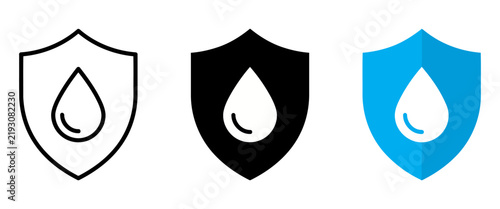 Waterproof shield icon set, water resistant protection symbols, liquid proof security signs in outline and flat styles, 3 vector assets for product packaging