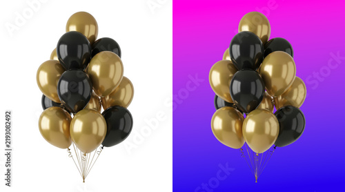 Elegant gold and black foil balloons cluster 3D render