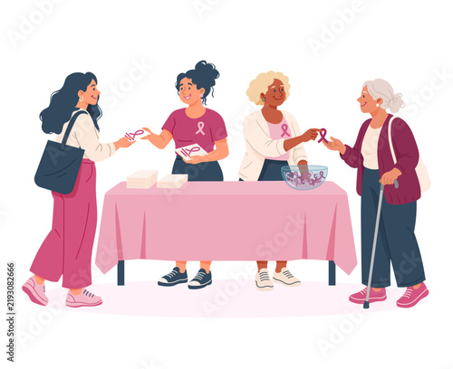 Illustration vectorielle de femmes bénévoles distribuant des rubans roses sur un stand dédié à la sensibilisation au cancer du sein. Une scène intergénérationnelle évoquant Octobre rose.