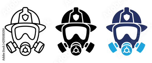 Firefighter helmet and gas mask vector icons, emergency responder protective gear set, professional fire department equipment symbols in flat style