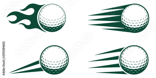 Four dark green golf ball icons showing motion effects with flames and speed lines, illustrating fast movement and power, isolated on a white background, for sports