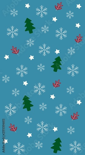 Snowflake icon shape, green pine tree and red leaf for decoration, winter theme ice particle patttern with blue background