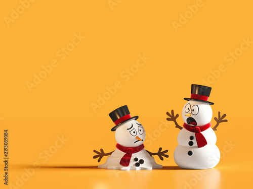 Two Snowman on yellow background with copy space. 3D Rendering, 3D Illustration