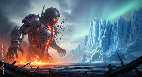 Giant mecha robot standing amidst icebergs and aurora borealis.