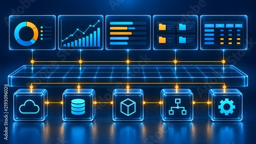 Futuristic digital dashboard interface displaying data analytics cloud computing databases and network infrastructure