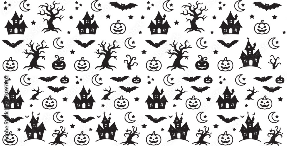 Obraz premium Spooky Halloween Seamless Pattern Haunted House Bat Pumpkin Vector