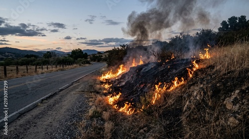 Brush fire spreading along the side of a dirt road with flame and dark smoke visible.