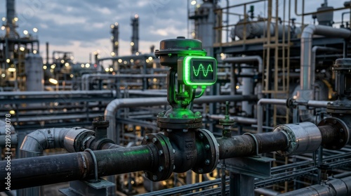 Industrial Valve With Glowing Sensor Installed on Pipe in Complex Energy Facility at Dusk