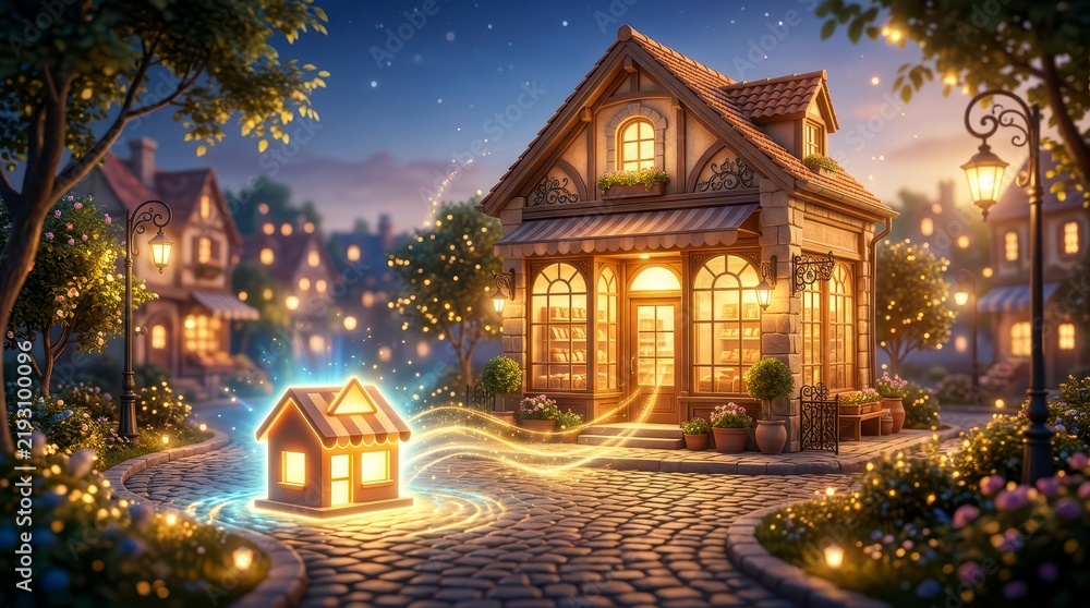 Obraz premium Enchanting Glowing House with Magical Lights in a Cozy Village at Night