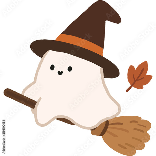Hand Drawn Cute Autumn Ghost Riding Witch Broom Illustration

