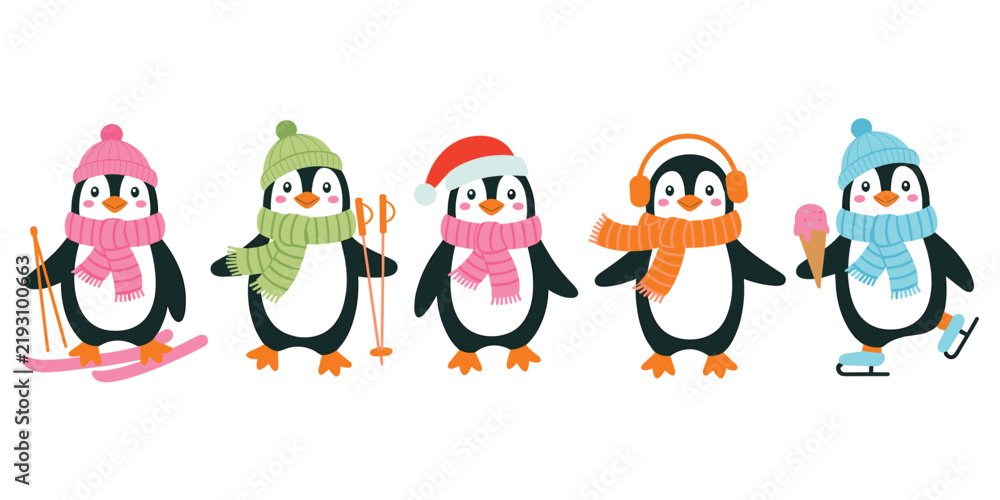 Fototapeta premium Five cute cartoon penguins dressed in colorful winter clothing including scarves, hats, earmuffs, skis, and ice skates, isolated on a white background