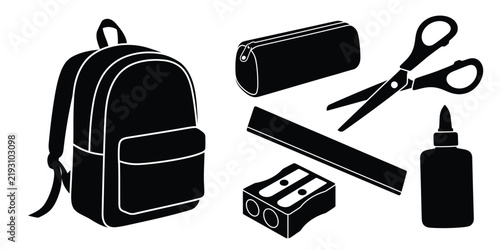 Black school supplies silhouette set collection. Educational stationery icons in dark silhouette.