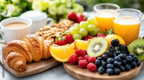 A Delicious and Healthy Breakfast Spread: A vibrant assortment of fresh fruits, flaky croissants, crunchy granola, and steaming coffee creates an inviting and nutritious start to the day.