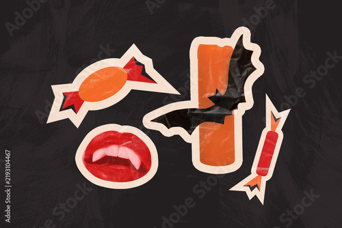 Foto Creative composite sketch artwork collage of sticker silhouette canle bat mouth