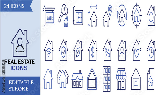 Real Estate and Property Line Icon Set – House, Home, Apartment, Building, Property Sale, Rent, Mortgage, Construction, Architecture and Residential Real Estate Icons