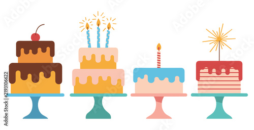 Set of four colorful birthday cakes with candles and sparklers isolated on a plain white background illustration