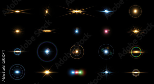 A dark background displays a collection of stylized lens flares and light effects. The flares vary in shape, size, and color, including yellow, orange, blue, green, and red.