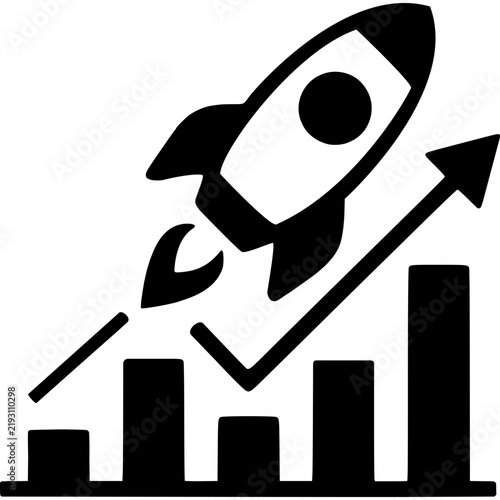 Professional business growth icon featuring a rocket launch with a bar chart and upward arrow for startup success.