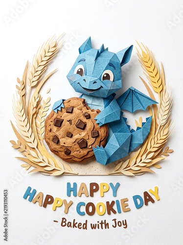 Blue dragon holding cookie with wheat background