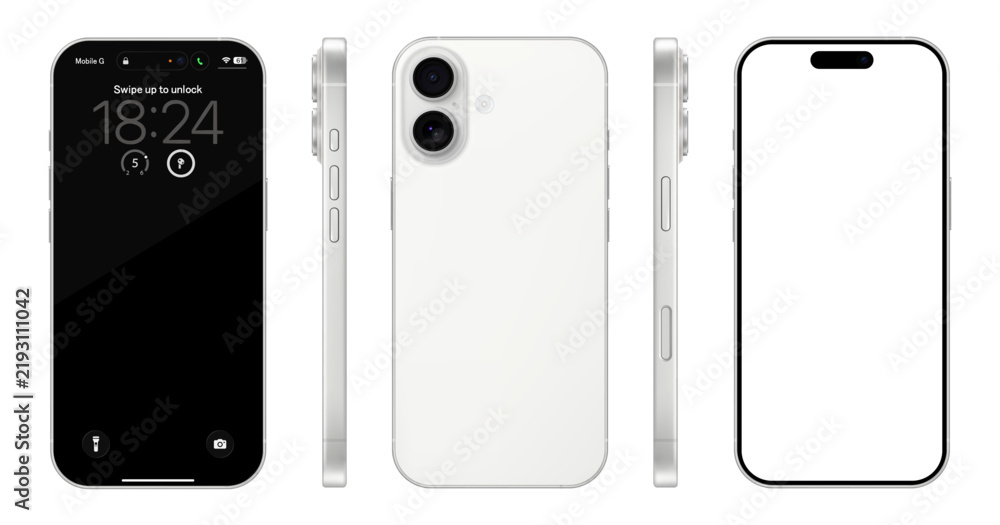 Naklejka premium Detailed white mobile phone mockup. Front, rear and side view isolated on transparent background. Vector PNG