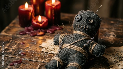 Dark grey fabric voodoo doll with metallic needles and button eyes