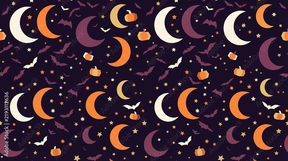 Fototapeta premium Seamless Halloween pattern with pumpkins bats and crescent moons on a dark background.