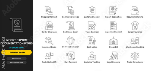 Import export customs line icon set with editable stroke. Documentation shipping manifest invoice, trade declaration contract, tariff clearance for web ui design.