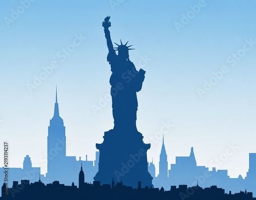 Statue of liberty silhouette with new york city skyline at dusk