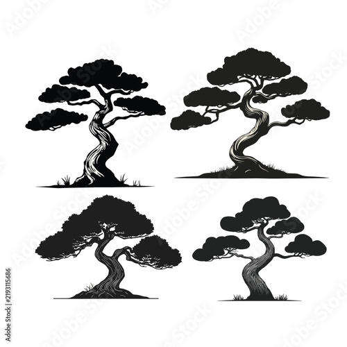 Oriental nature bonsai tree vector silhouettes set for artistic botanical design