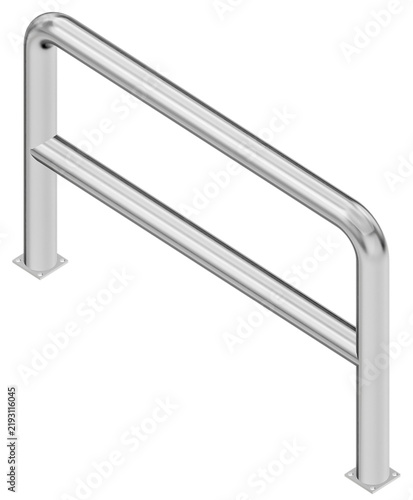 high quality 3d realistic render of a stainless steel safety barrier with polished metallic surface and mounting plates in orthographic view for industrial or commercial architectural visualization