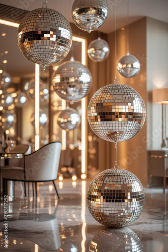 Shiny disco balls with mirrored surfaces hang from the ceiling in a modern decor setting, surrounded by sleek furniture and dimmed lighting, creating a festive and reflective atmosphere with scattered