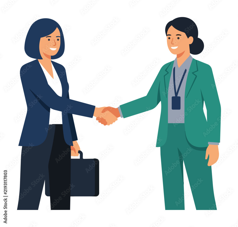 Fototapeta premium Two Business Women Shaking Hands Flat Vector Illustration.