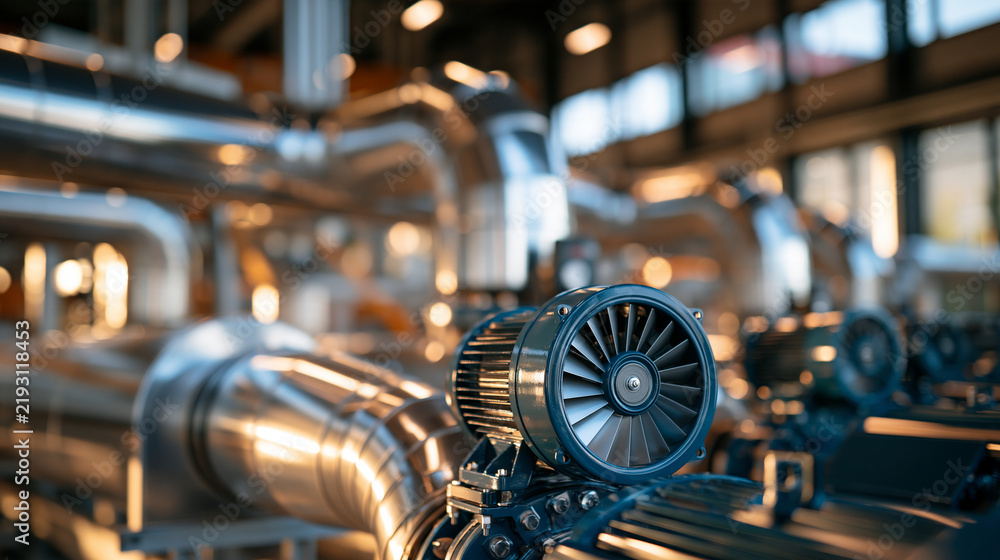 Fototapeta premium Large industrial ventilation duct system with exhaust fans, insulated air ducts and modern factory infrastructure, detailed realistic photography