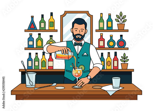 Professional Bartender Pouring Cocktail at Bar Counter Illustration.