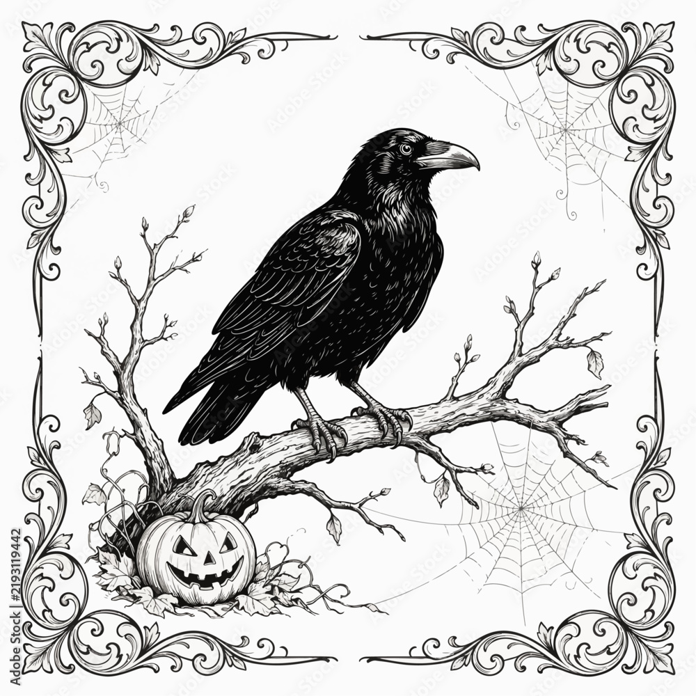 Fototapeta premium Dark Gothic Raven Perched on Tree Branch with Jack-o-Lantern Pumpkin and Spider Webs Line Art Vector Illustration Vintage Floral Ornament Frame Halloween Graphic Isolated White Background